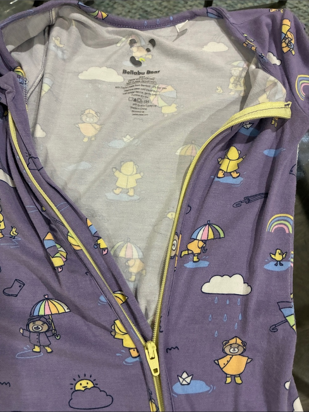 Bellabu Bear Purple Kids Pajamas Zip Romper with Rainy Day Print
